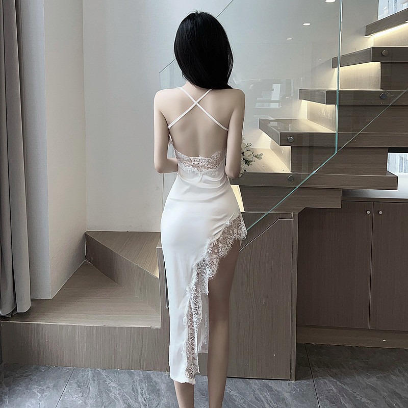 黛小姐：气质性感不规则蕾丝花边斜边包臀中长款挂脖露背连衣裙女