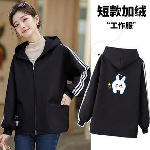 时尚短款小个子加绒加厚罩衣女外穿冬季上班干活穿工作服防脏外套