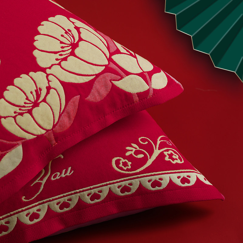 结婚红枕巾高端婚庆红色全棉纯棉高档一对装大红色陪嫁新婚枕头巾