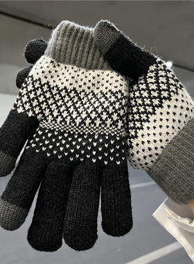 韩版复古保暖学生触屏五指手套女冬季加绒加厚可爱骑车情侣男冬天