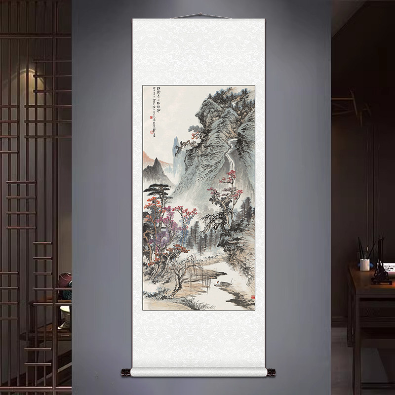 卷轴挂画茶楼客厅玄关高山流水画走廊书房新中式竖版山水画彷古画