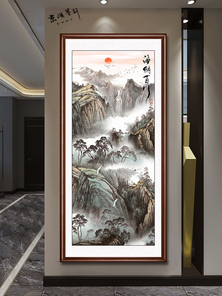 聚宝盆山水画挂画入口玄关画竖版八方来彩装饰走廊过道办公室壁画