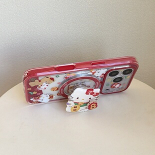 L二合一磁吸可爱卡通红色招财kt猫带气囊支架手机壳16pro防摔14promax新款13全包保护套巨好看苹果手机壳17