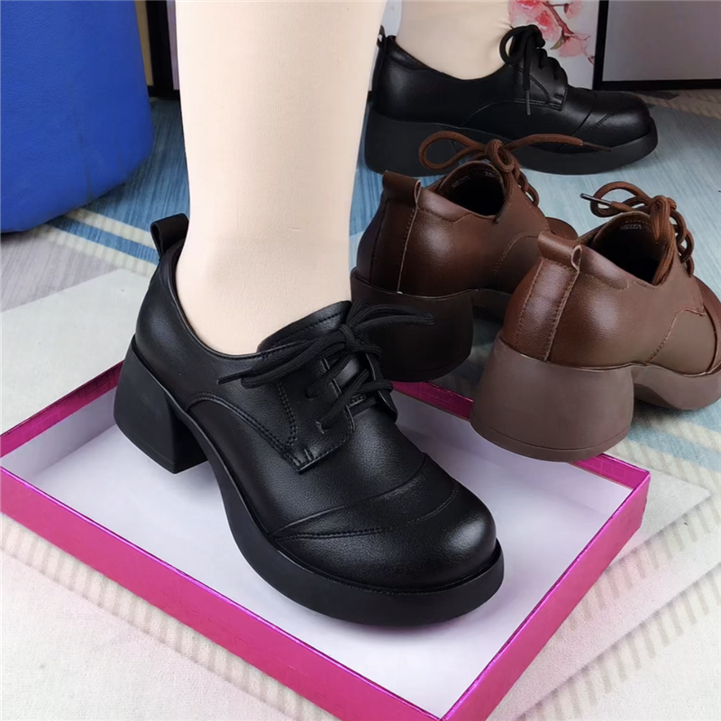 粗跟软底单鞋春季新款系带圆头小皮鞋真皮百搭乐福舒适轻便妈妈鞋