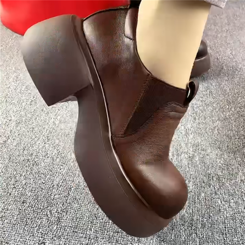 真皮单鞋女粗跟妈妈鞋