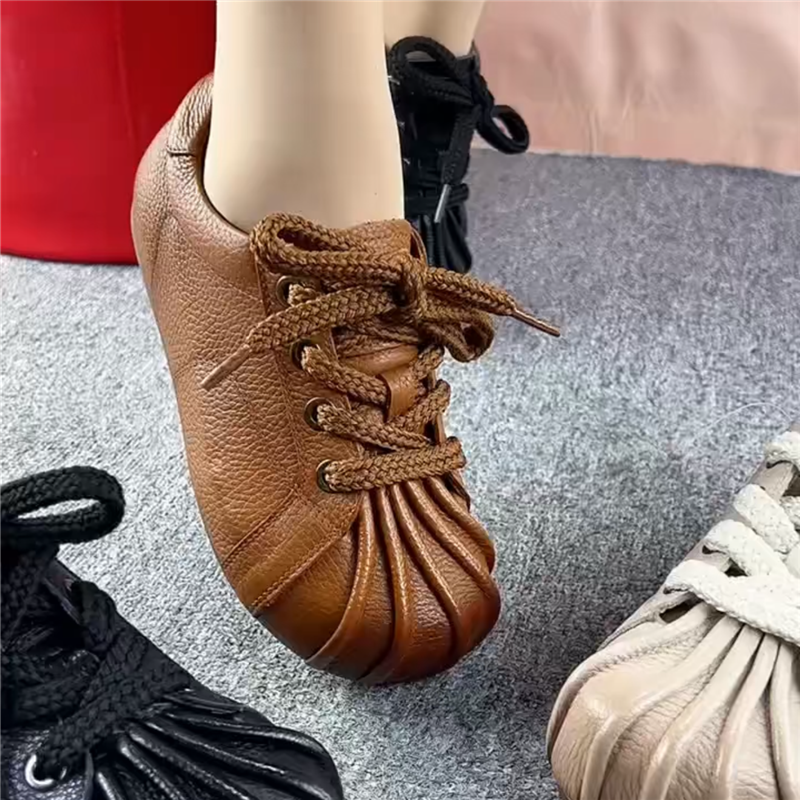 单鞋女平底真皮圆头深口系带皮鞋女复古休闲鞋百搭软皮软底妈妈鞋