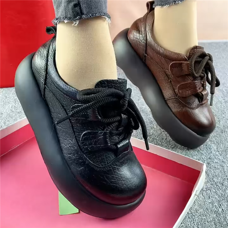 单鞋女厚底真皮圆头深口系带皮鞋女复古休闲鞋百搭软皮软底妈妈鞋