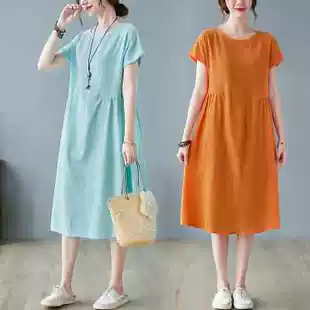 胖妹妹显瘦亚麻中长裙纯色女装 大码 a字裙 夏季 收腰棉麻连衣裙韩版