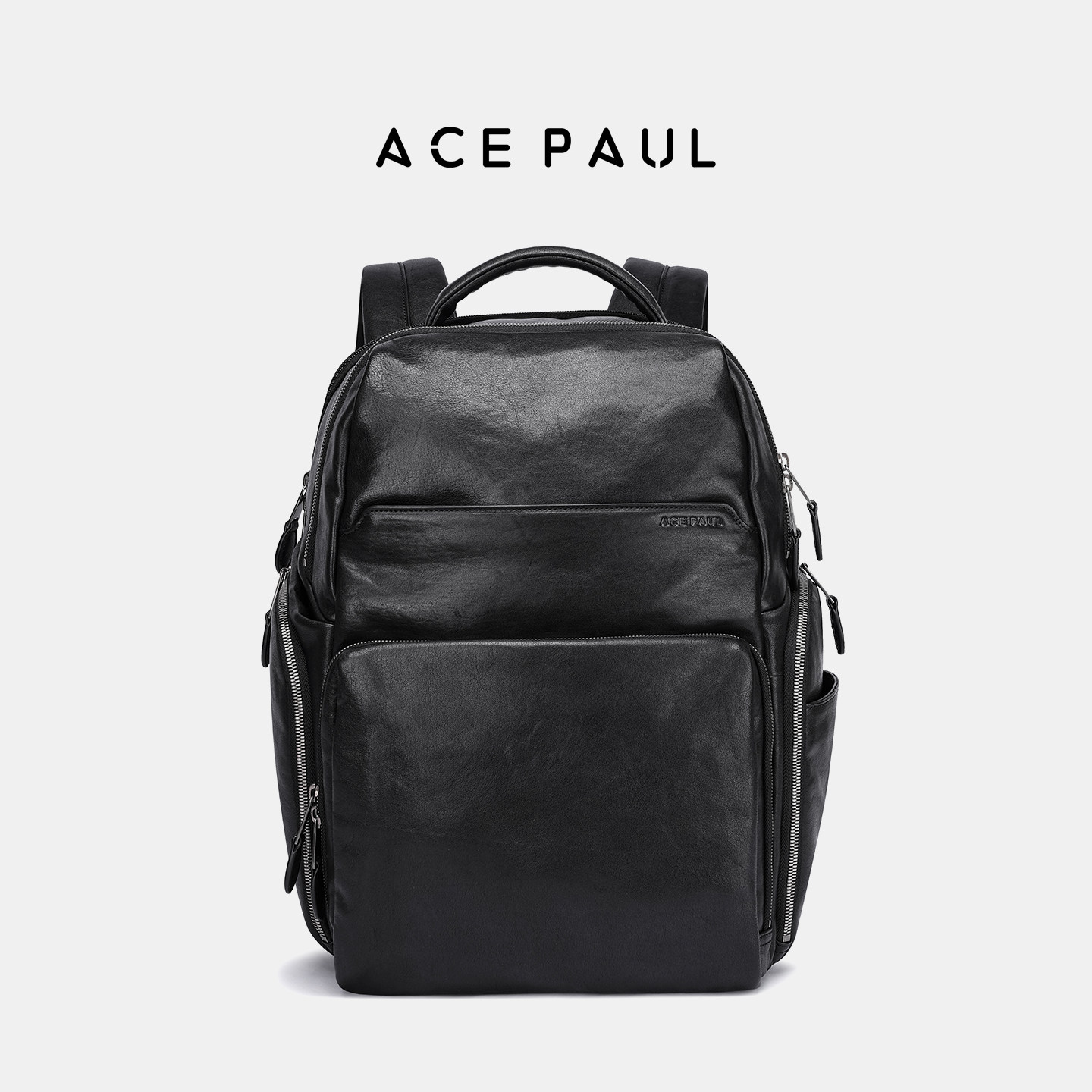 Ace Paul头层牛皮男士双肩背包大容量17英寸电脑防水旅行通勤包女