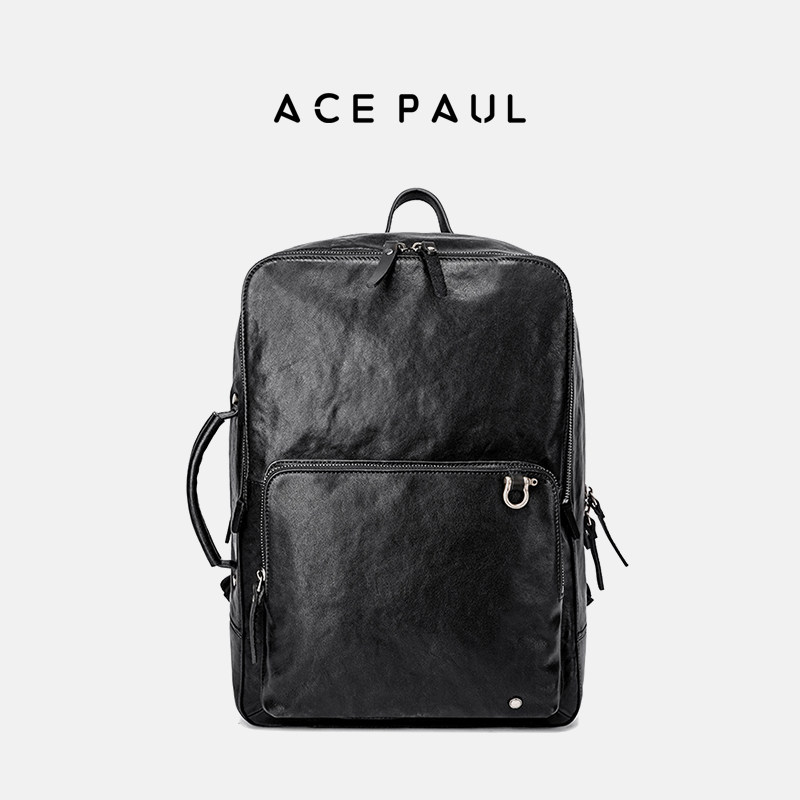 Ace Paul商务休闲百搭通勤旅游质感头层牛皮双肩包大容量男款黑色