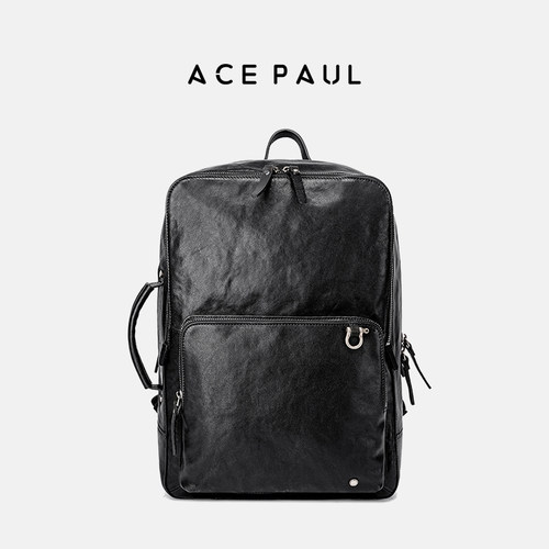 Ace Paul商务休闲百搭通勤旅游质感头层牛皮双肩包大容量男款黑色