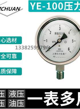 YE100BF304不锈钢膜盒压力表0-6/10/16/25/40/60KPA天然气千帕表