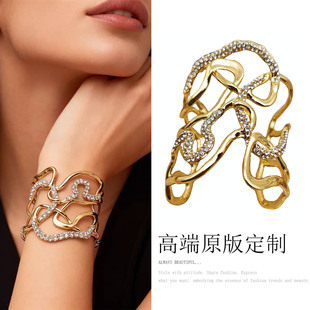 欧美鬼才设计款时尚不规则扭曲几何镶钻手镯凌乱满钻线条缠绕手环