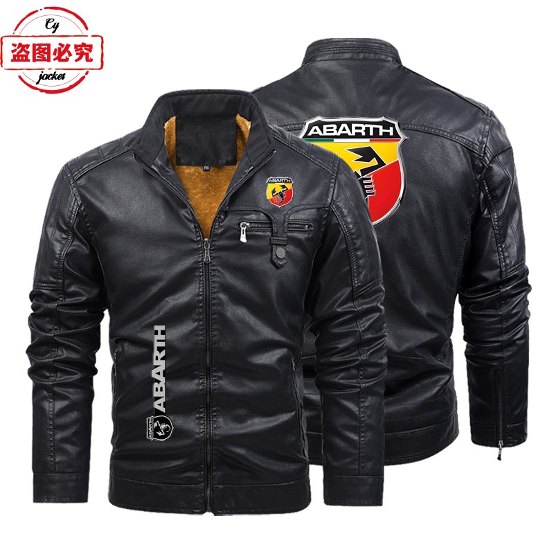 ABARTH汽车LOGO复古水洗pu皮衣防风男士阿巴斯纯色皮夹克赛车服