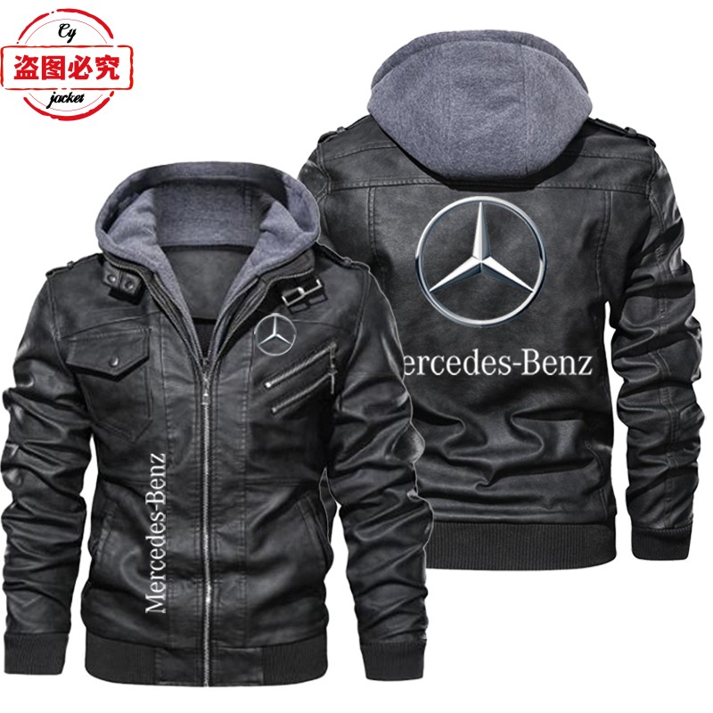 奔驰汽车车标印花赛车服复古水洗pu皮衣男士连帽夹克团队工作服