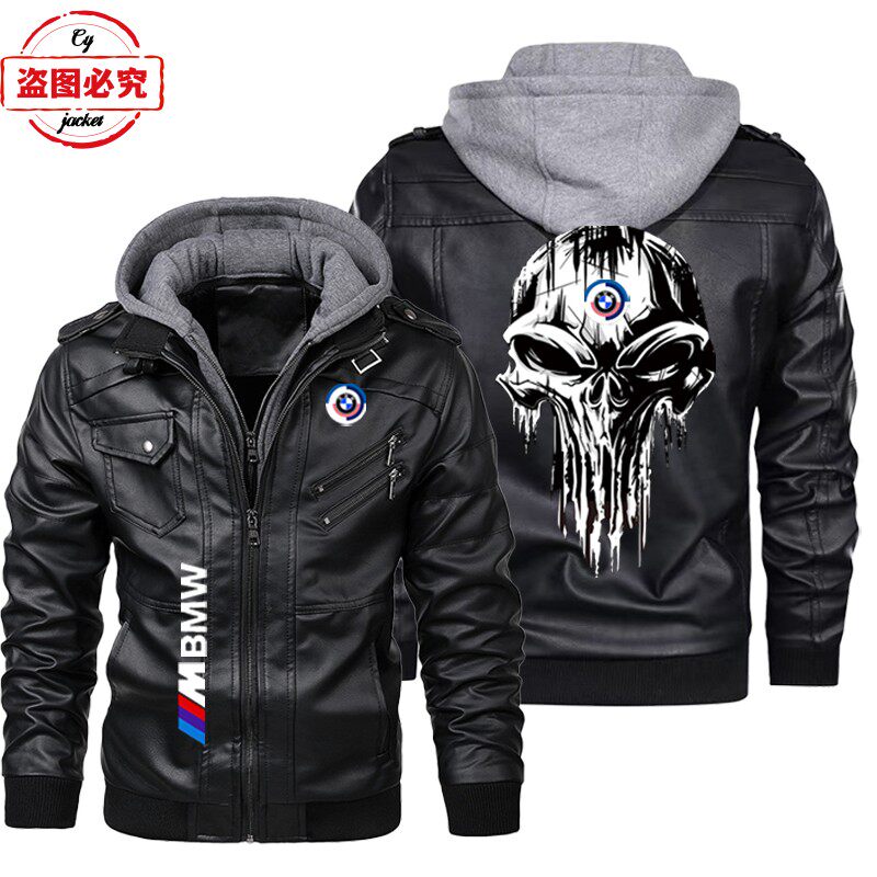 宝马摩托车LOGO骑行服pu皮衣防风男连帽夹克BMW M-Power标志印花