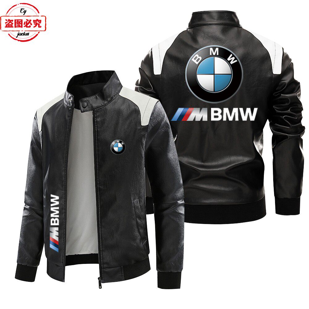 宝马摩托车Logo印花男装pu皮衣加绒款BMW M-Power男士骑行皮夹克