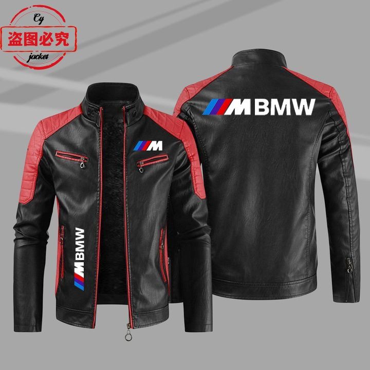 宝马M标志皮夹克摩托车LOGO印花pu皮衣BMW男士撞色夹克团队赛车服
