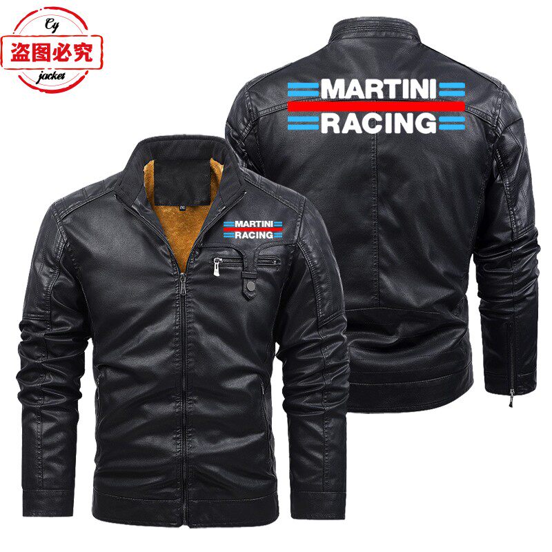 Martini Racing 标志印花赛车服pu皮衣防风男士纯色皮夹克团队服