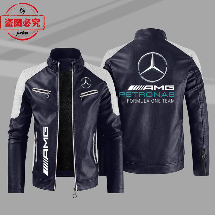 奔驰汽车AMG车标印花复古水洗pu皮衣秋冬款男士春秋皮夹克赛车服