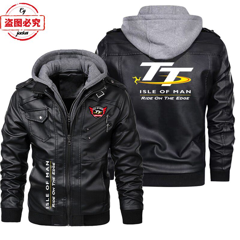 Isle of Man TT标志印花赛车服pu皮衣男士连帽曼岛TT摩托车赛夹克