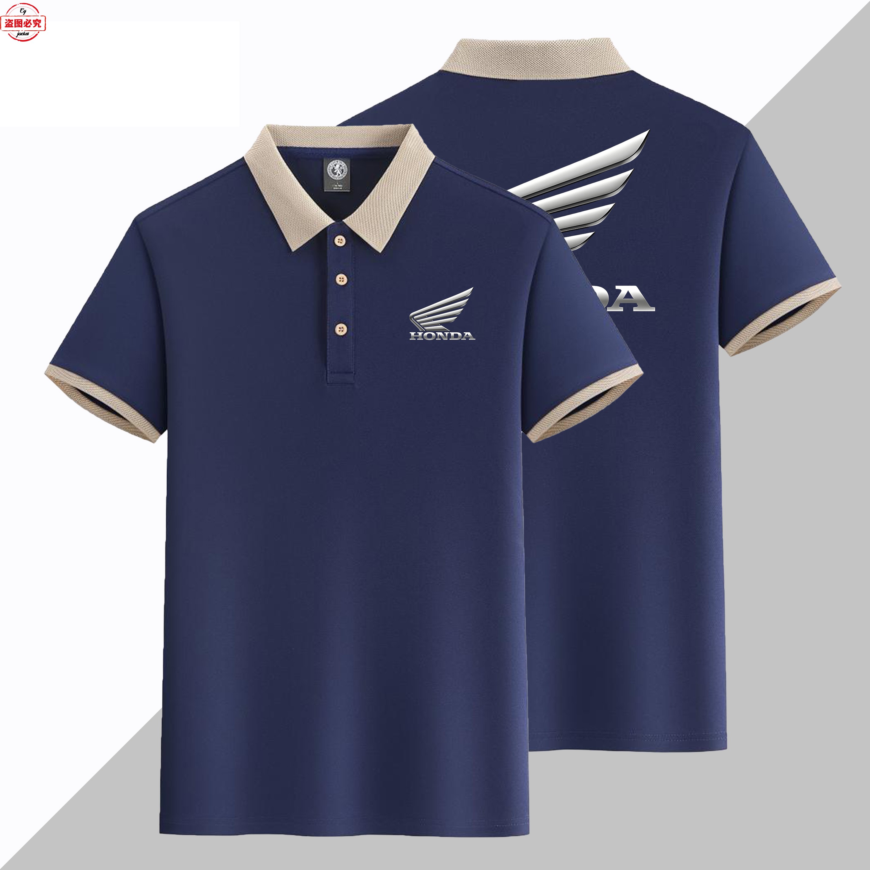 机车翅膀车标印花男士本田短袖运动t恤翻领Polo衫骑行服工作服