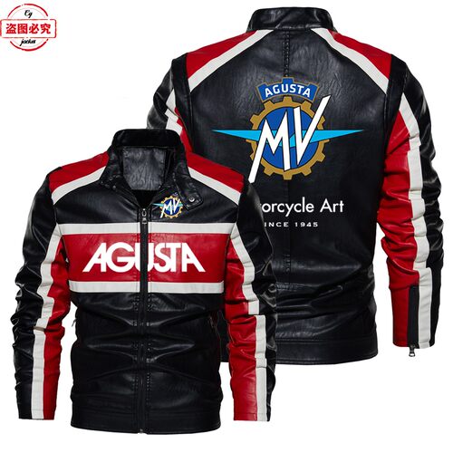 撞色皮夹克MV Agusta 摩托车Logo复古水洗pu皮衣防风春秋款男夹克