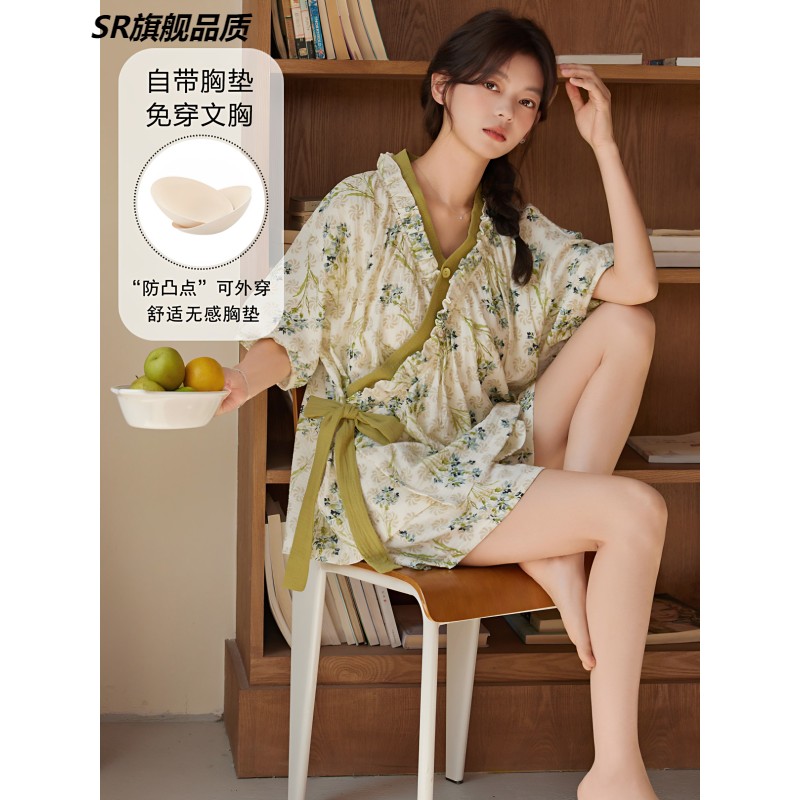睡衣女夏季纯棉带胸垫短袖短裤云朵棉系带汗蒸服家居服套装可外穿