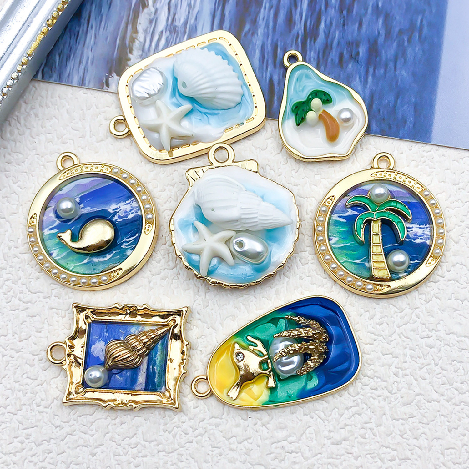 特价法式油画蓝色海洋系列合金滴油耳环猫眼螃蟹配件吊坠项链水母