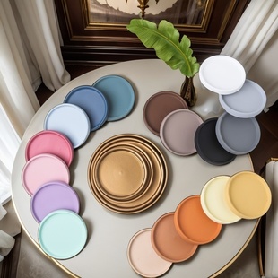 陶瓷北欧圆形花盆装饰莫兰迪移动托盘接水盘垫盘底托底盘排水加厚