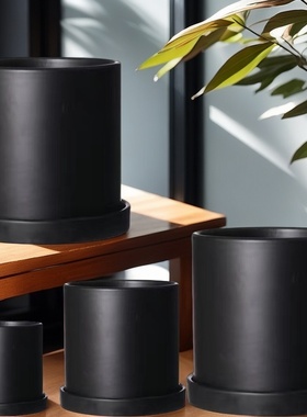 简约黑白色陶瓷花盆素烧有孔花盆多肉阳台种花大口径陶盆带托盘