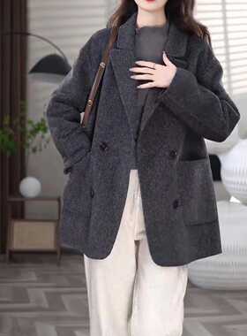 2025秋冬新款双面羊绒大衣女短款小个子韩版宽松西装领羊毛呢外套