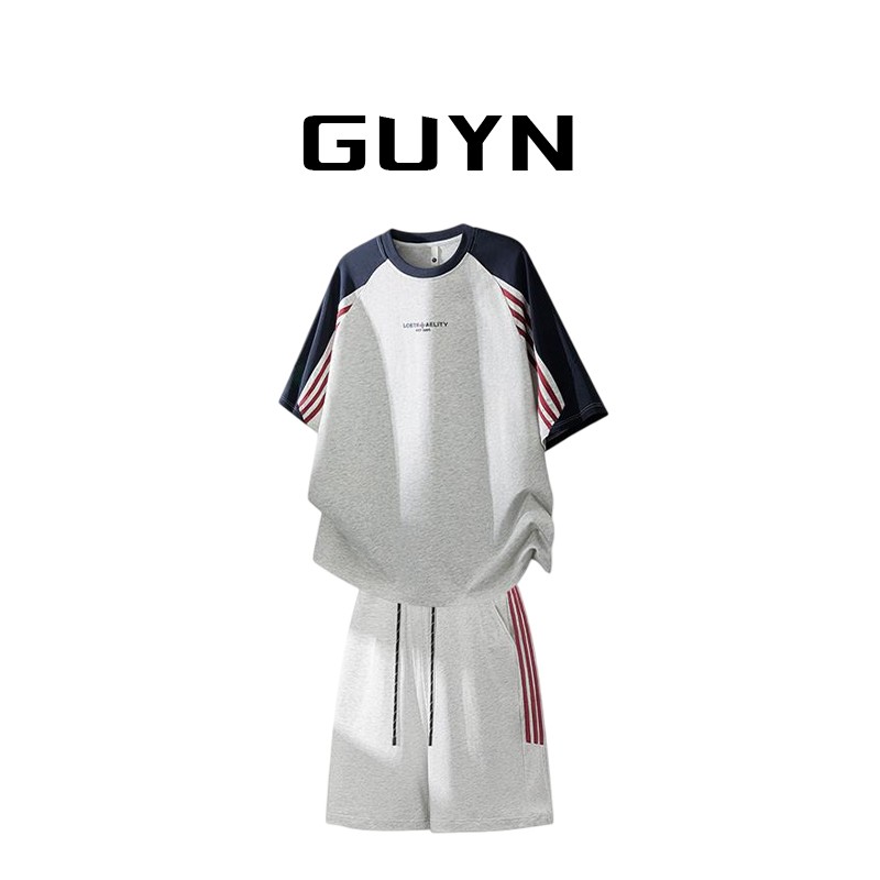 品牌现货】GUYN美式撞色运动休闲短袖T恤套装男夏季宽松半袖短裤