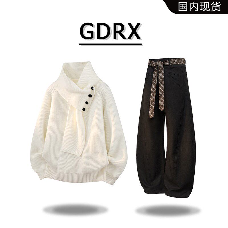 GDRX美式复古半高领男士毛衣套装秋冬新款休闲围巾针织衫两件套