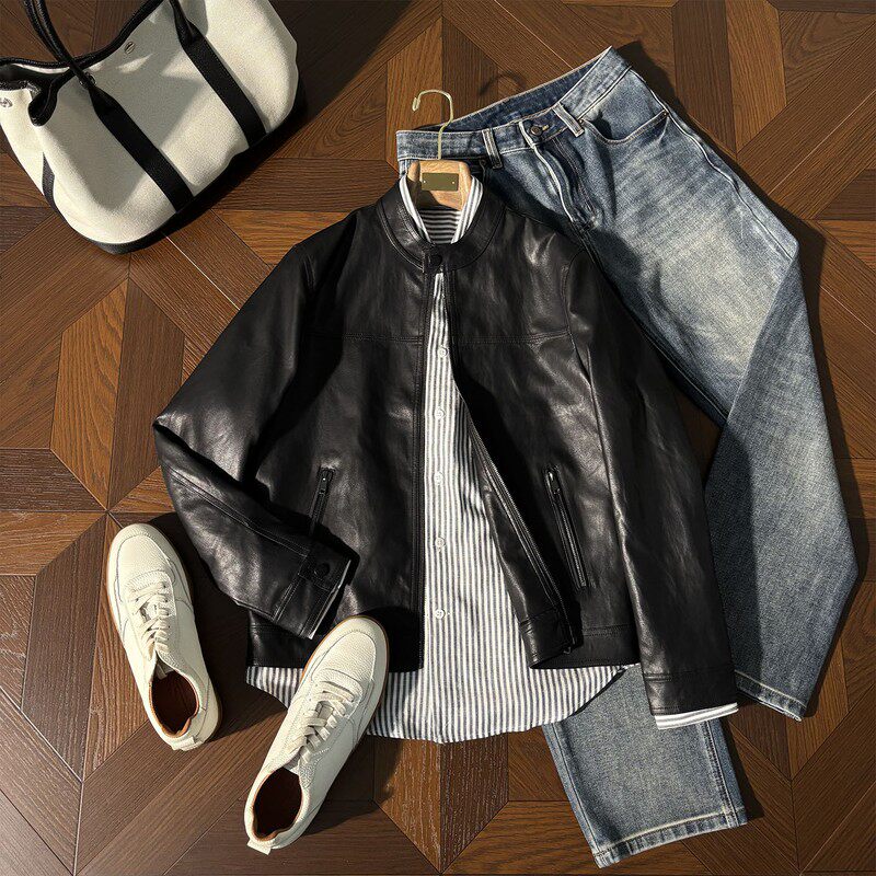 MIGSIMHE·秋季美式休闲立领皮衣男士痞帅高级感机车皮夹克外套