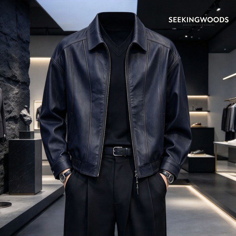 SEEKINGWOODS男士短款牛仔外套秋季新款翻领双拉链夹克百搭上衣
