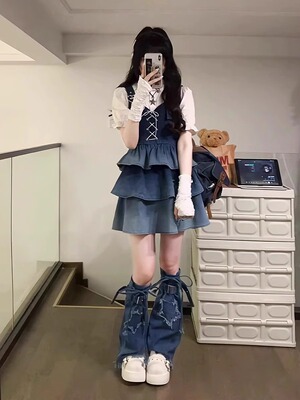 y2k蓝色牛仔背带连衣裙女