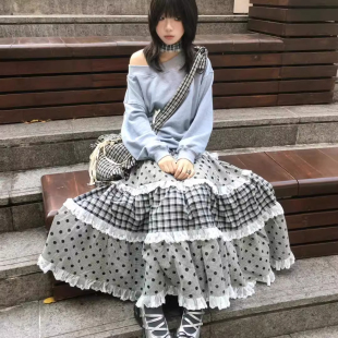 多層花邊格子薄點(diǎn)拼接大擺A字長(zhǎng)半裙百搭日系少女四季 可穿蛋糕裙