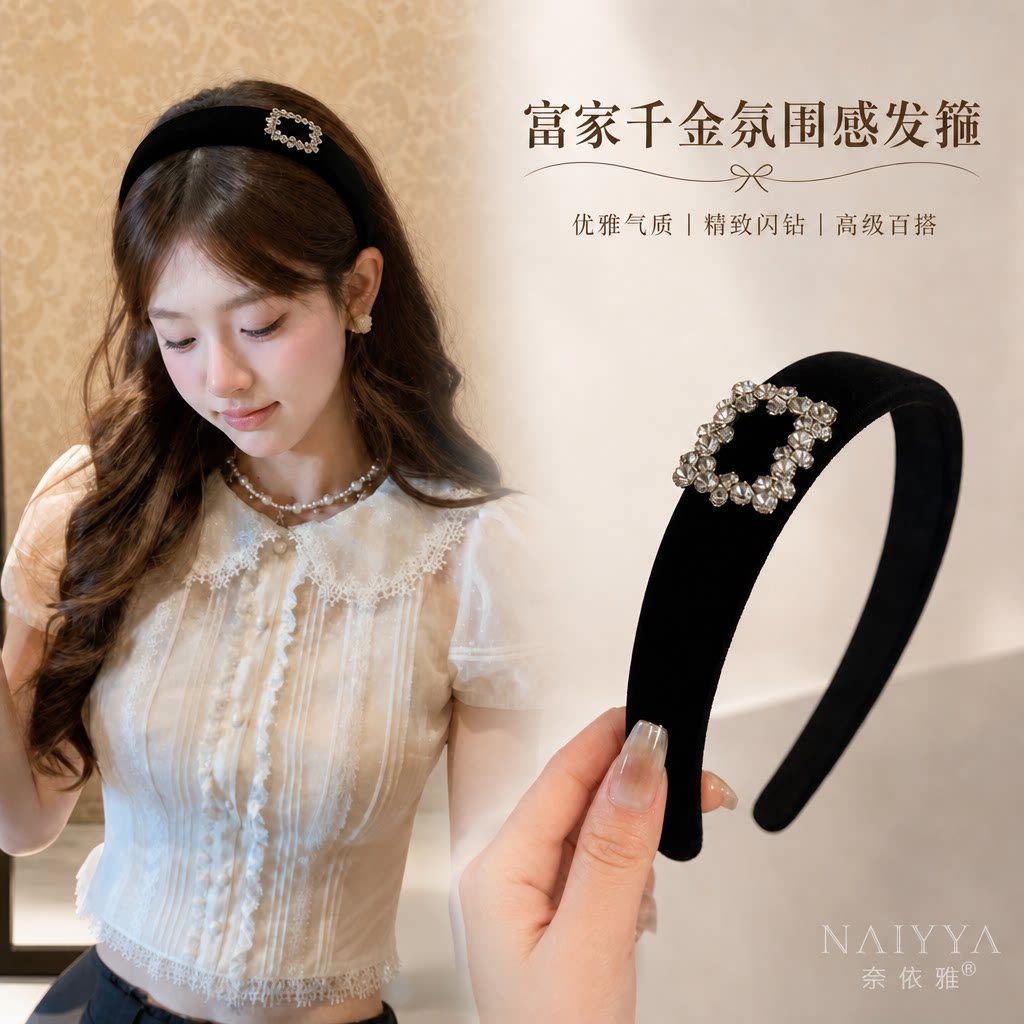 水钻黑色丝绒秋冬发箍女宽边头饰图片