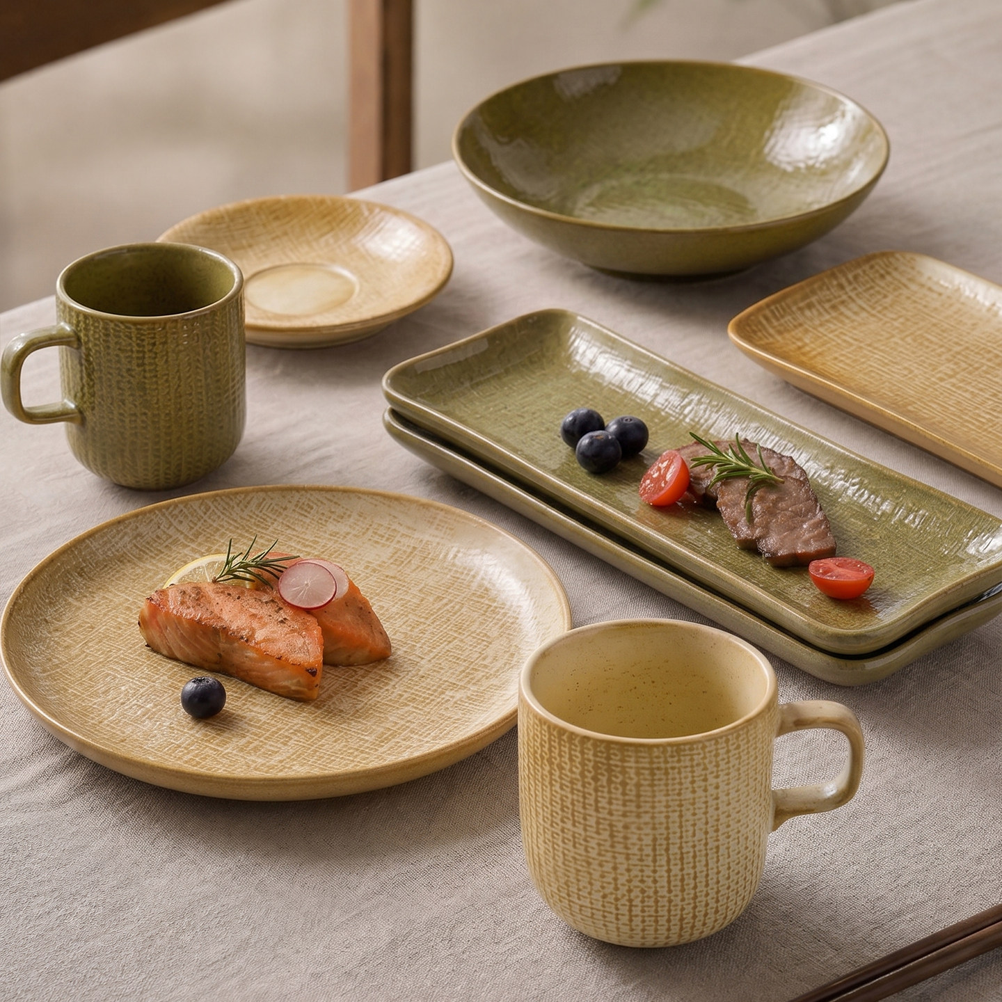 日式复古麻布纹陶瓷餐具套装