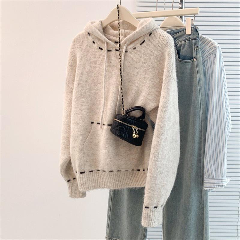 秋冬新款手工穿线连帽毛衣女装宽松外穿慵懒风保暖套头针织衫上衣