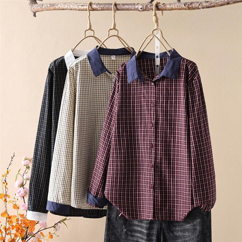 长袖衬衫女 2025春装新品格子翻领宽松长袖衬衫上衣 女装显瘦