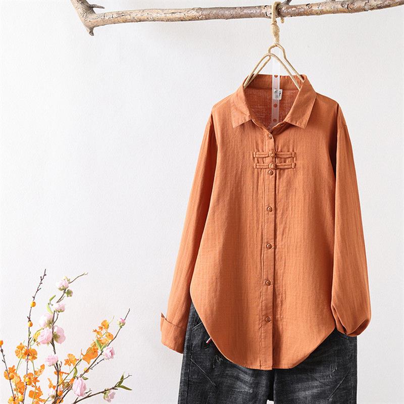 新中式时尚文艺宽松休闲棉纱衬衫上衣百搭纯色长袖开衫女式衬衫