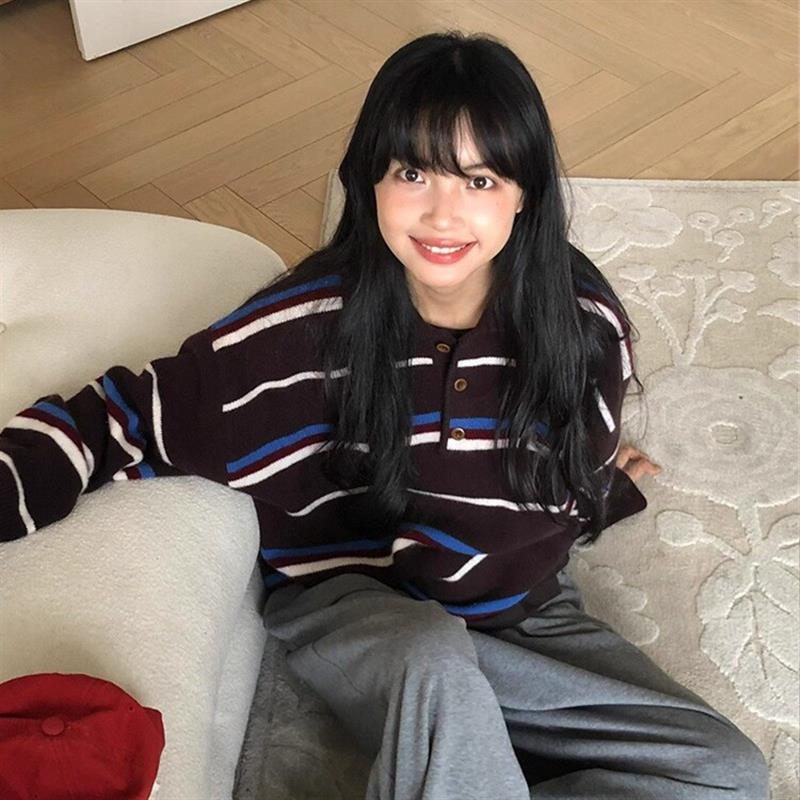 韩式撞色条纹polo衫2025秋冬新款宽松慵懒风软糯毛衣上衣翻领卫衣