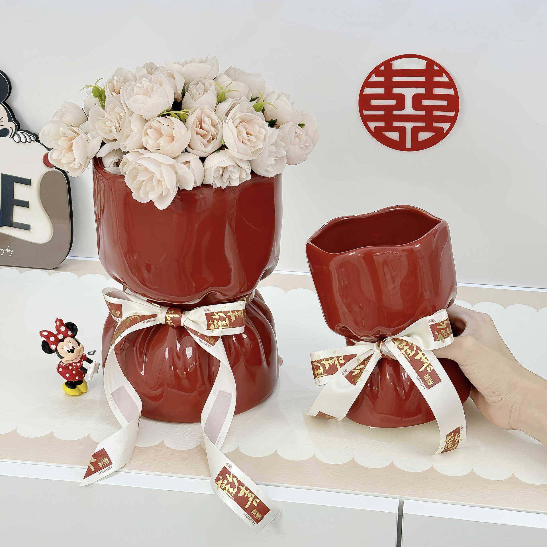 新婚礼物创意红色陶瓷花瓶插花高级感客厅桌面装饰结婚伴手礼摆件,家居饰品,花瓶,淘宝优惠券,粉丝福利购,淘宝优惠卷