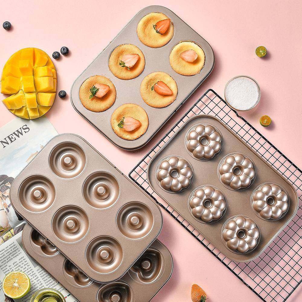 香槟金6连蛋糕烤盘模具家用烘焙甜甜圈模具厨房烘培不粘烤盘模具