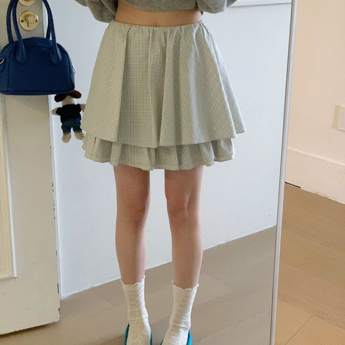 OMELET蛋卷-搭带头巾双层蓬蓬格子短裙半身裙(配三角头巾)HS26069