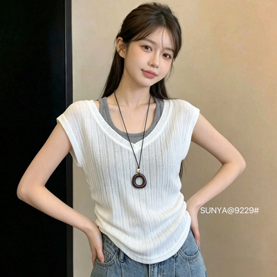 尚雅-夏上新韩系假两件短袖T恤小衫9229
