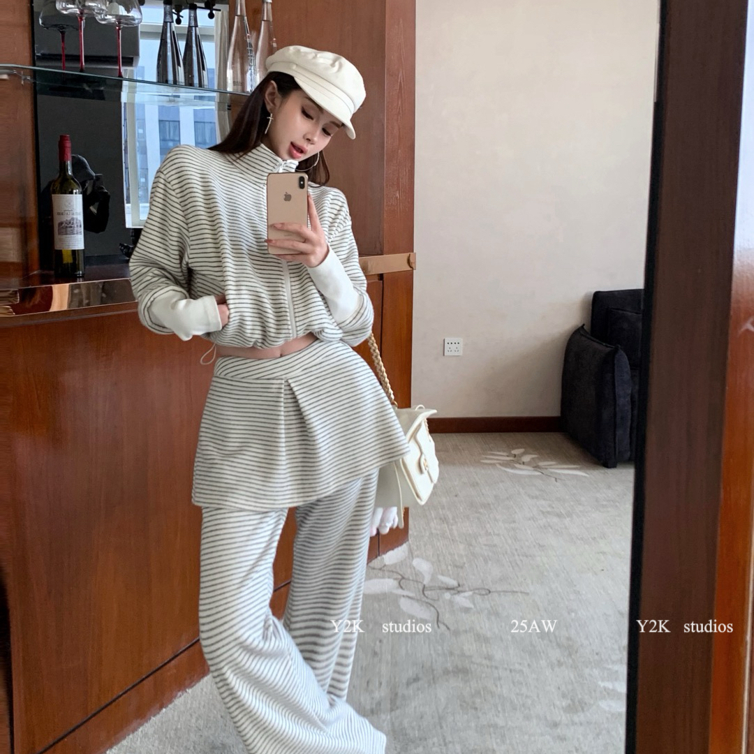 Y2K-韩系设计感假两件屁帘条纹休闲裤K6998