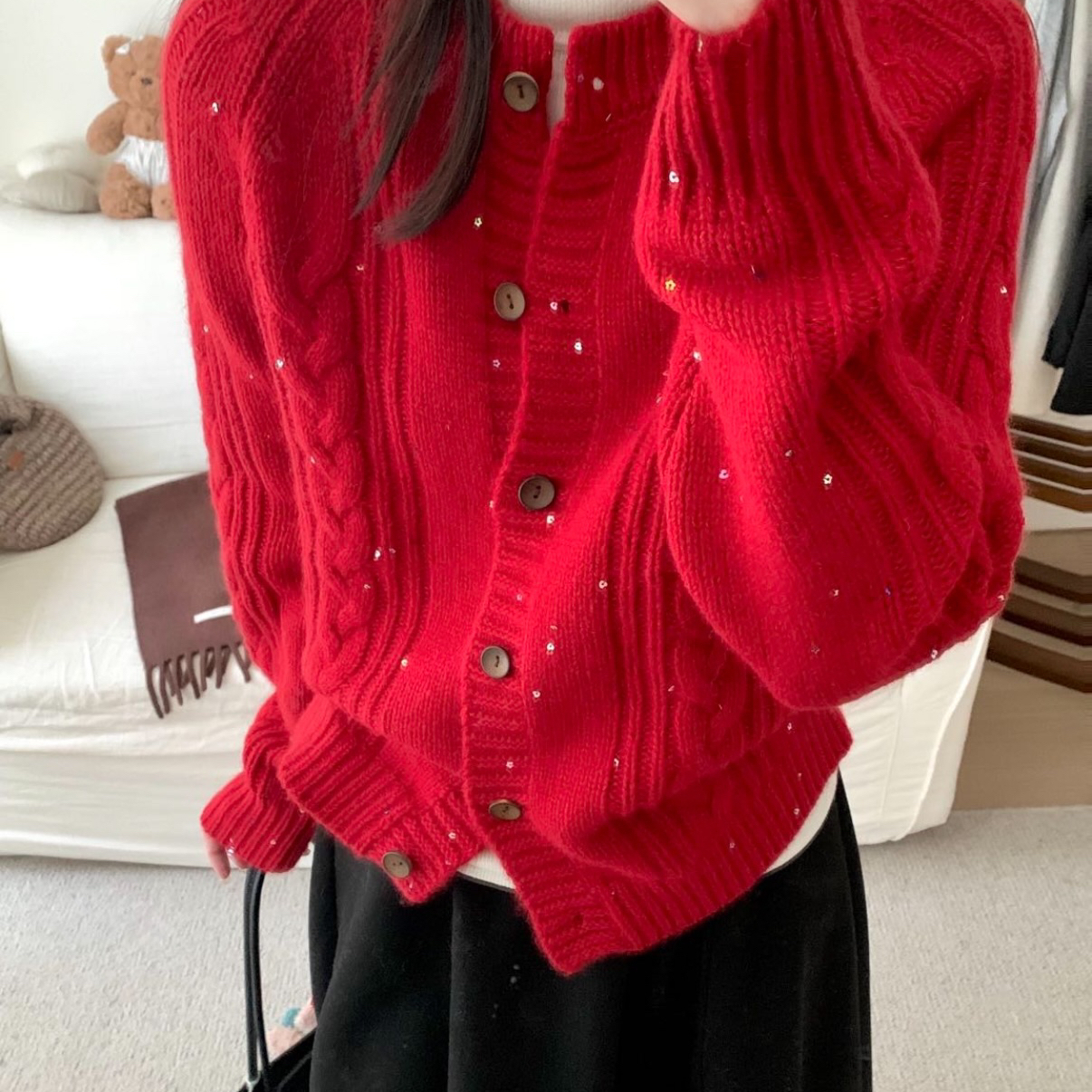 ORROW-美～韩系清纯星星亮片麻花开衫保暖毛衣（含10羊毛）YSK553